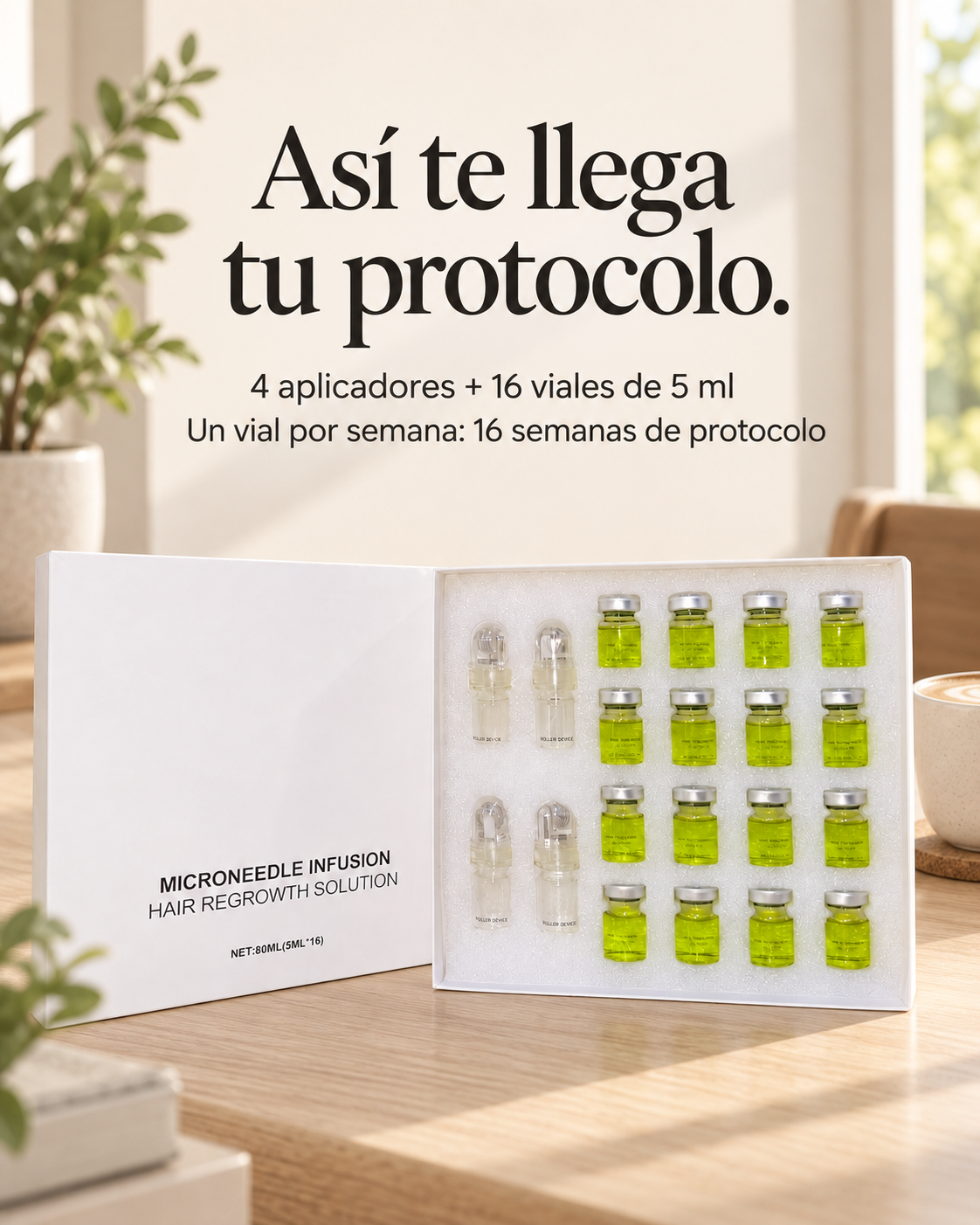 Así te llega tu protocolo: 4 aplicadores y 16 viales de 5 ml